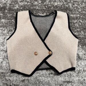 Beige and Black Knit Vest with Gold Buttons